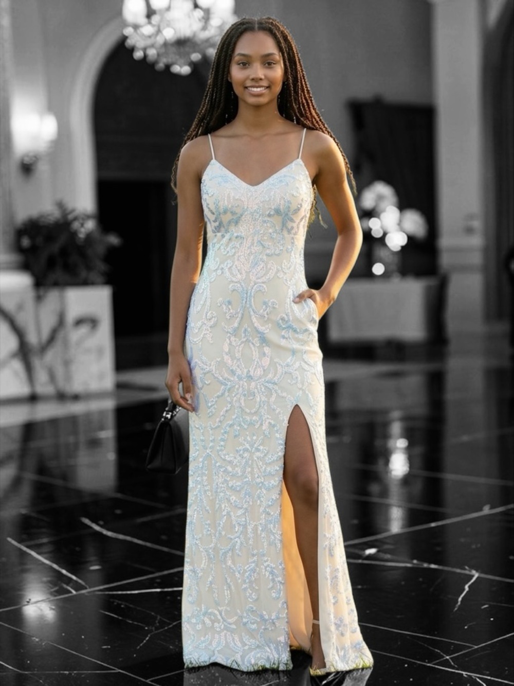 Betsy & Adam Ivory Evening Gown with Iridescent Blue Sequin Embroidery